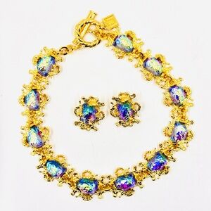 18k Gold-Tone Iridescent Aurora Dichroic Glass Necklace & Clip On Earrings Set